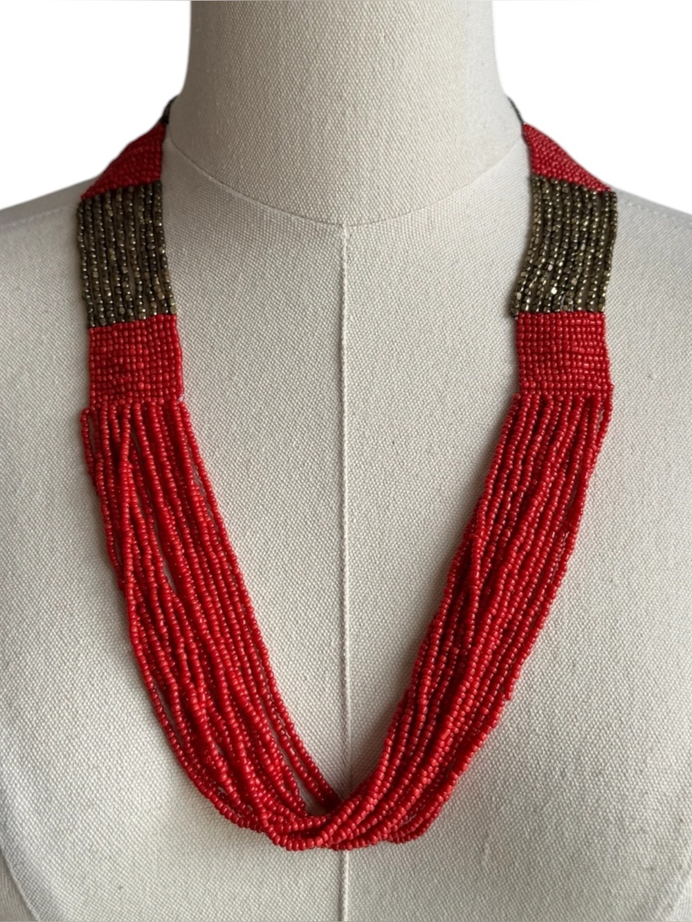 Blood Orange Multi Strand Seed Bead Statement Necklace Boho Bib Collar 28” EUC